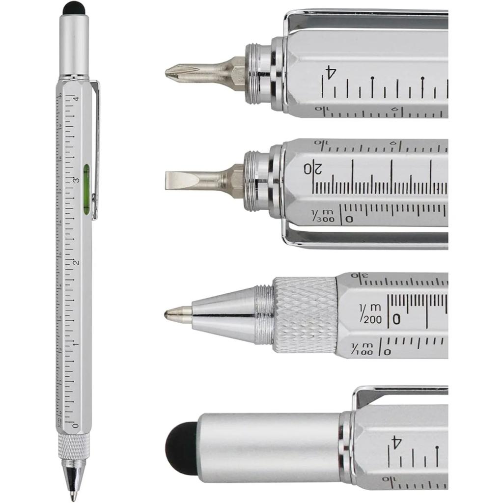 Gifts Multi Tech Tool Pen 6 In 1 Stylus Pen - Screwdriver Pen With Ruler, Levelgauge, Ballpoint Pen Black Ink (silver)