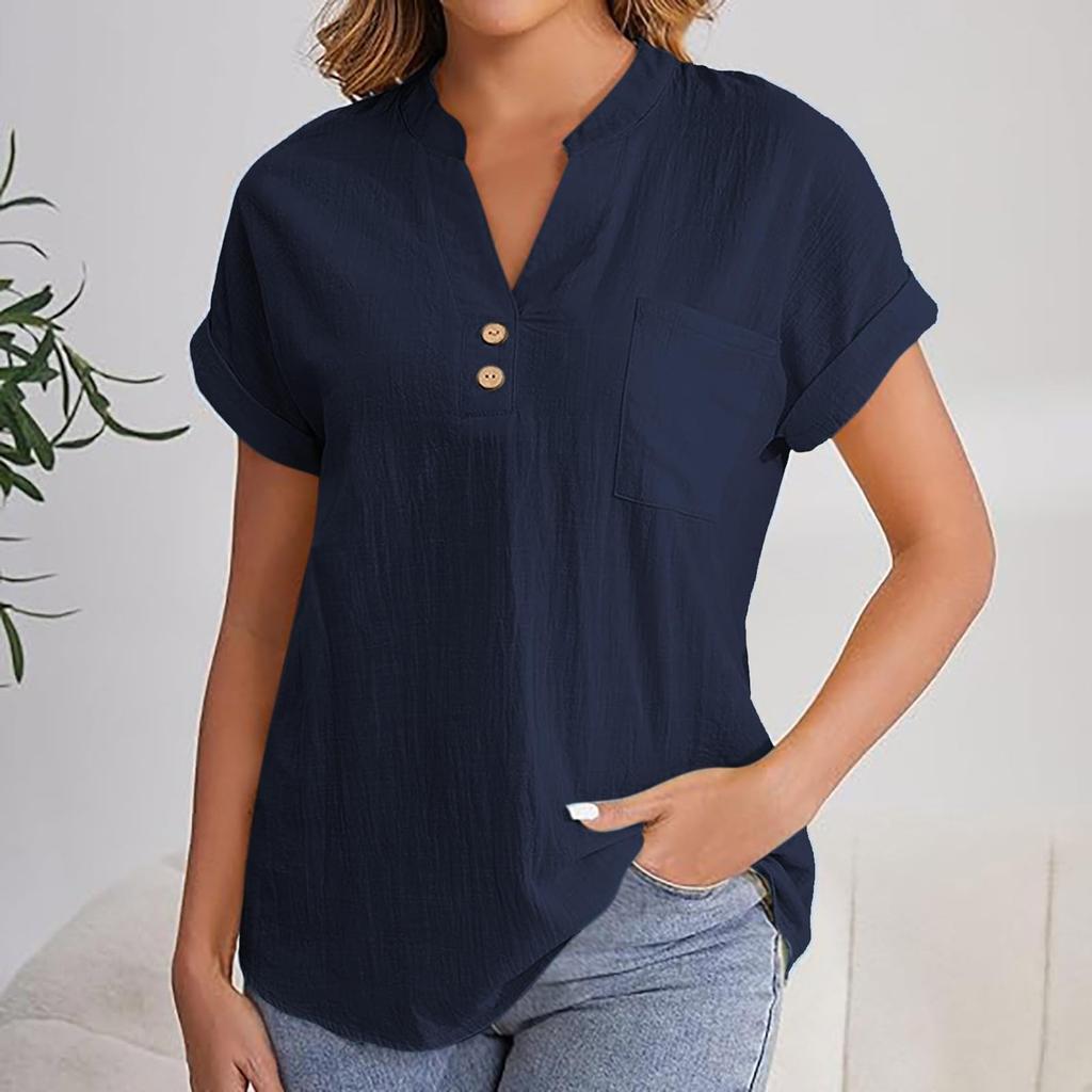 Women's Fashion Solid Color V Neck Button Pocket Short Sleeved Shirt Cotton Casual  T-shirt Top