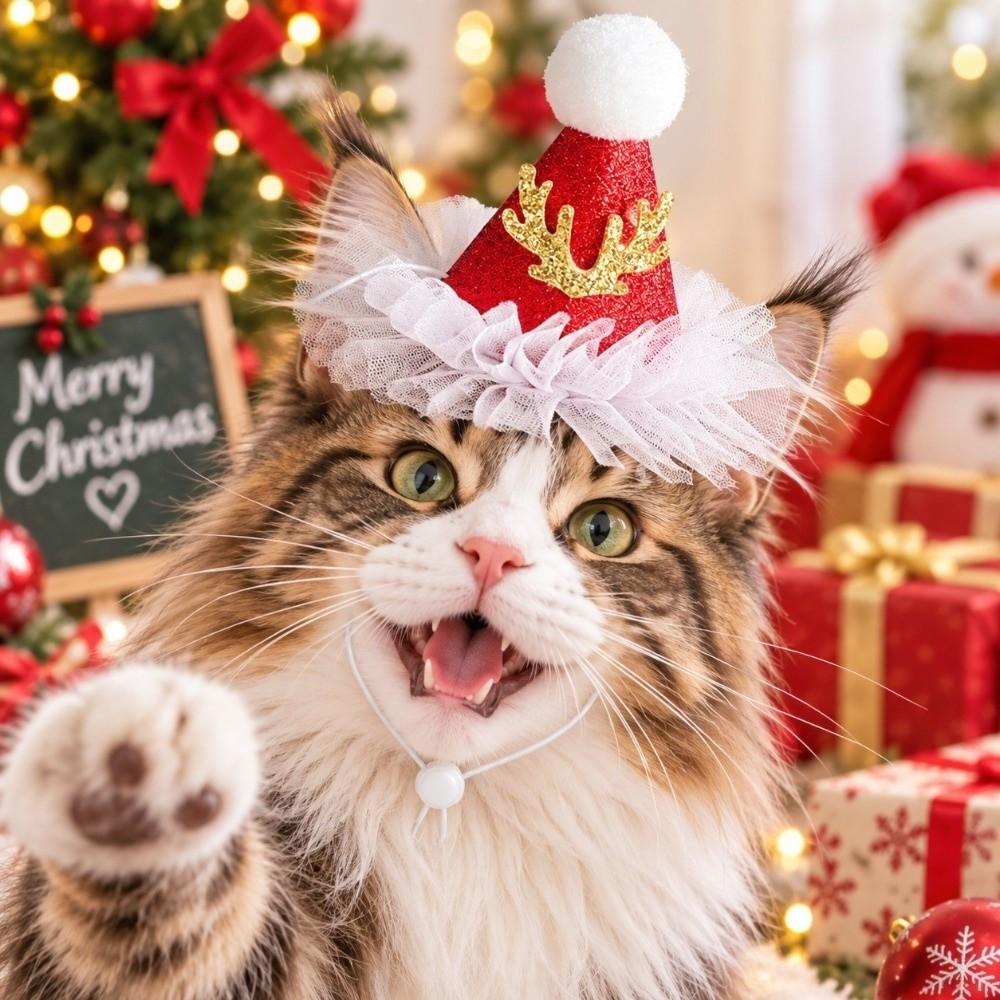 Knitted Yarn Christmas Pet Hat Soft Pompon Yarn Kitten Headwear Winter Gathering