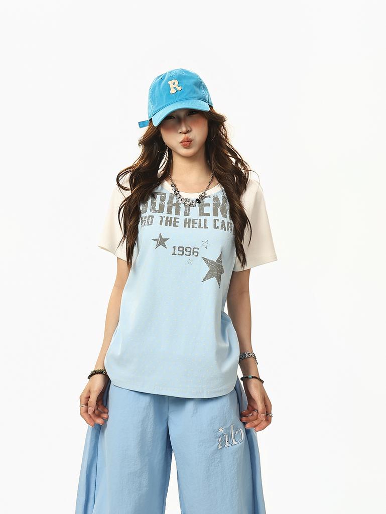 American Vintage Women's T-shirt, Loose Spliced Short Sleeve Top with Color Contrast Prints for Summer