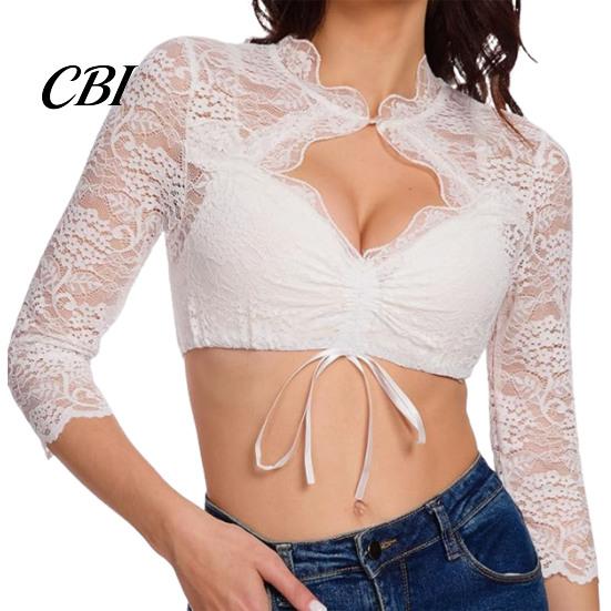 Oktoberfest Costume Blouse Women Floral Lace Crop Top, Bavarian German Beer Festival Shirt Dirndl Blouse, Short Sleeved Sheer Cropped Sleeve Tee