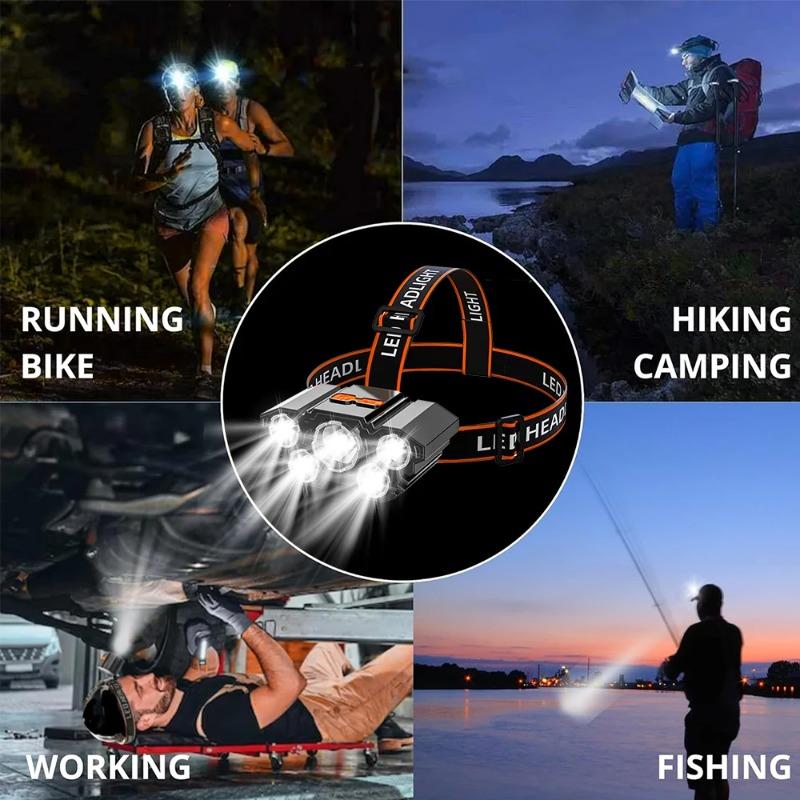 USB Rechargeable LED Headlamp 5 Lamp Beads 4 Modes Built-in Rechargeable Lithium Battery Lightweight Headlight Elastic Headband