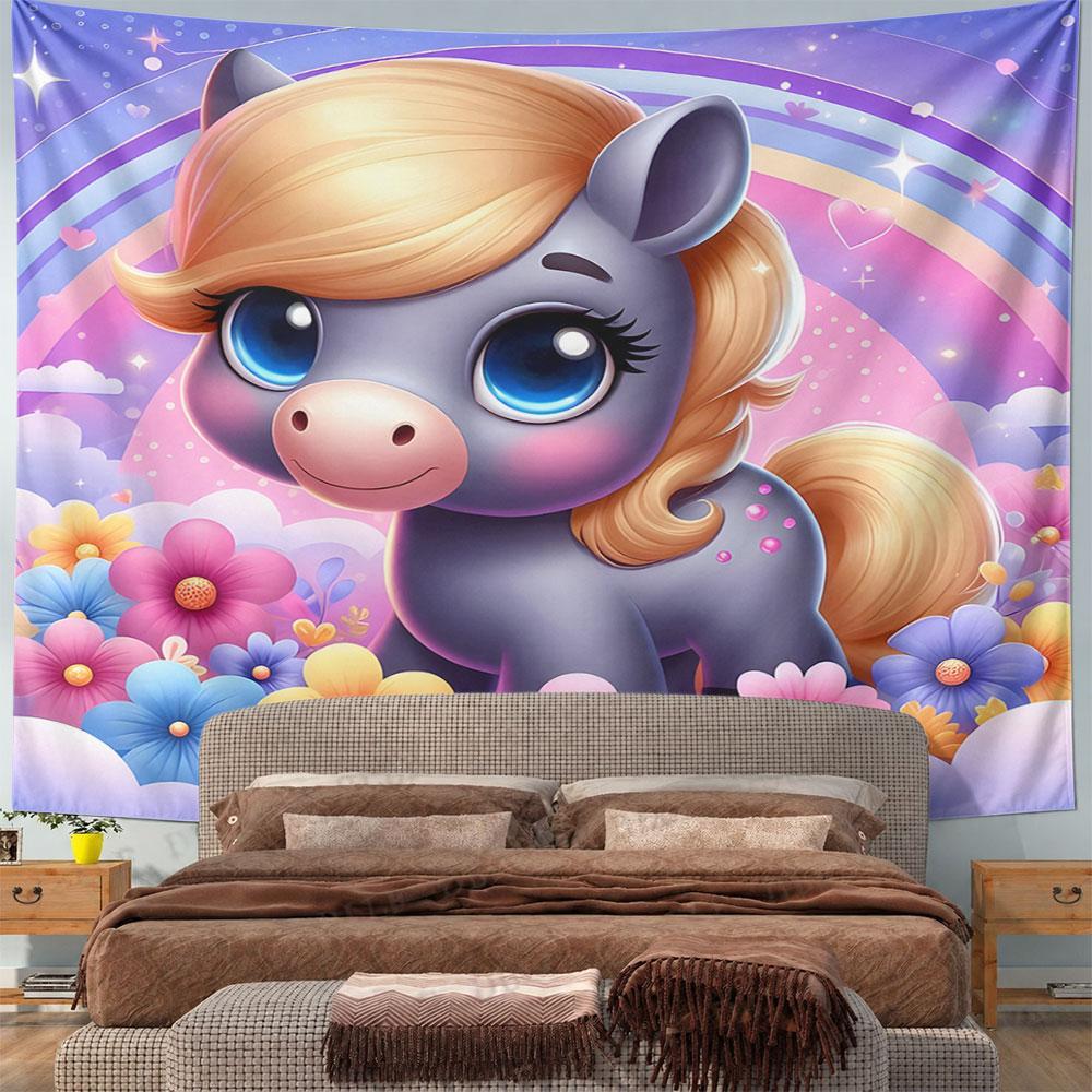 Cute Pony with Rainbow and Flowers Pattern Wall Hanging Tapestry Decorative Tapestry Home Decor for Bedroom and Living Room