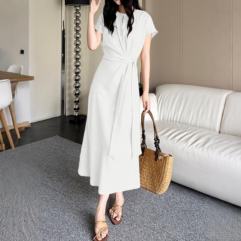 

ZANZEA Жіноча повсякденна літня довга сукня з коротким рукавом і круглим вирізом S білий