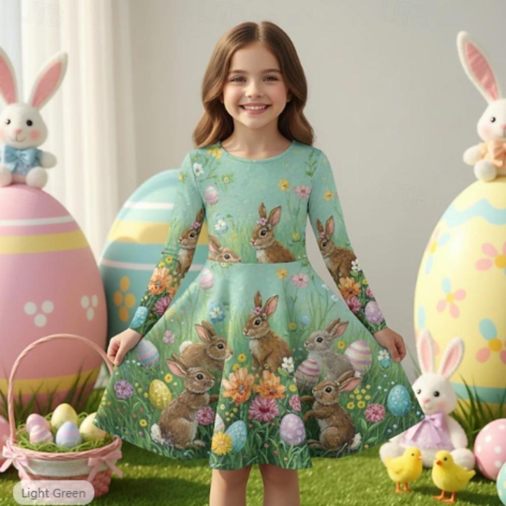Girl Casual 3D Cute Rabbit Pattern Print Round Neck Long Sleeve Dress Kid Princess Dress 80