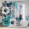 1/3/4pcs, Fashionable and simple Teal and White Floral Butterfly Bathroom Set - 2D FLAT Shower Curtain and Rug Collection Exqu