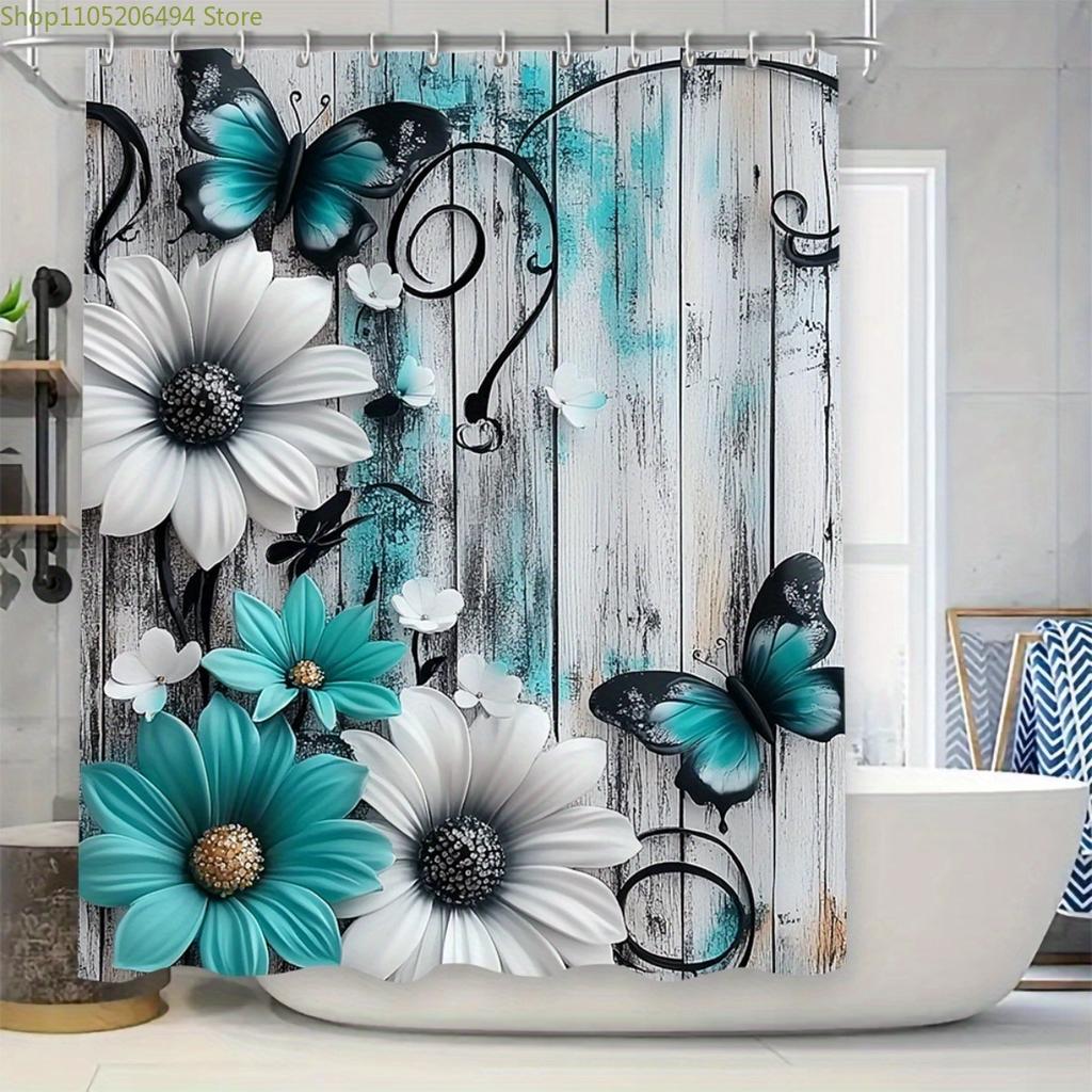 1/3/4pcs, Fashionable and simple Teal and White Floral Butterfly Bathroom Set - 2D FLAT Shower Curtain and Rug Collection Exqu