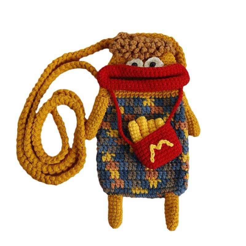 Hand Crocheted Sausage Mouth Ugly Cute Plush Phone Bag Women Cartoon Crossbody Small Purse