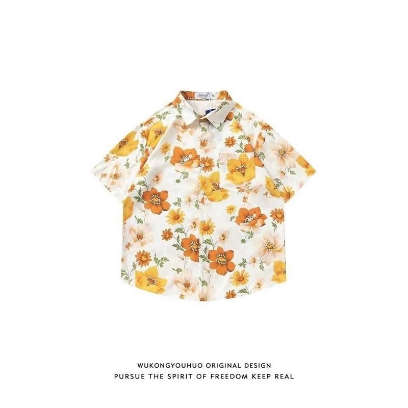 

Лето Ootd Мужская мода Гавайская рубашка Корейский уличный стиль Пляжные рубашки с цветочным принтом Красота Дизайн На пуговицах Топы с короткими рукавами Повседневная курортная одежда