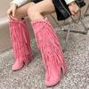 High-Heeled V Mouth Fringed Women's Boots Round Toe 10cm Square Heel High Tube Boots Fashion Sexy Flock Women Shoes Size 34-39