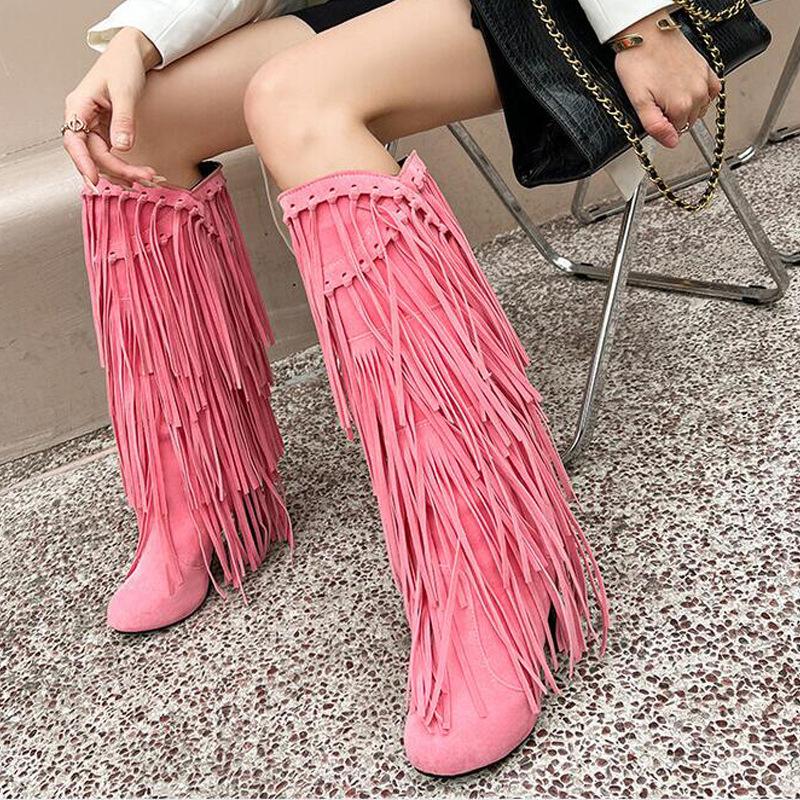 High-Heeled V Mouth Fringed Women's Boots Round Toe 10cm Square Heel High Tube Boots Fashion Sexy Flock Women Shoes Size 34-39