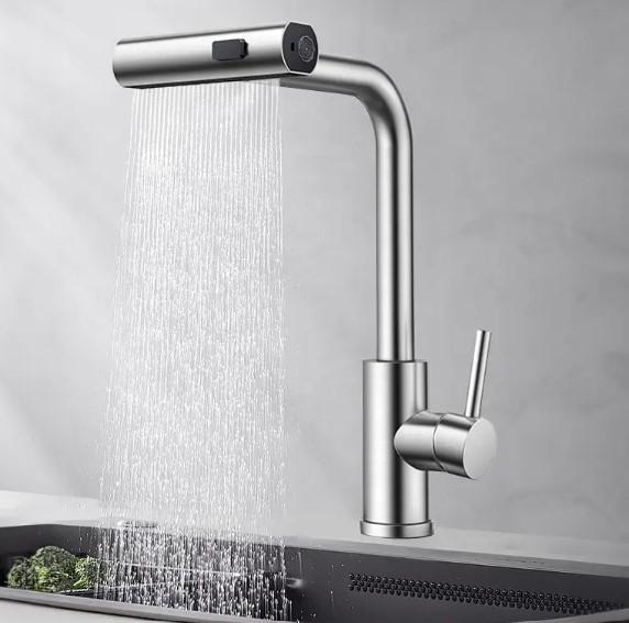 3 Modes Waterfall Faucet Stainless Steel Kitchen Faucets Single Handle Hot and Cold Mixing Tap Universal Rotation Pull Out Tap