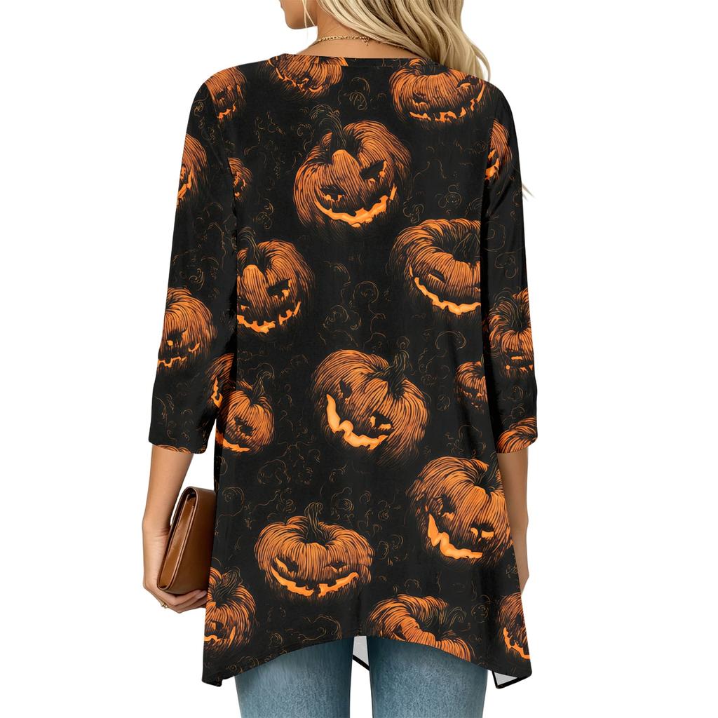 Cardigan décontracté léger ample à manches 3/4 imprimé pour femme pour Halloween