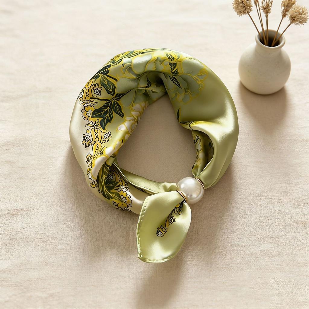 Print Scarf Silk Pearl Buckle Chain Female Lazy Thin Magnetic Collarbone Pendant Wraps Handkerchief Designer Woman Neck Scarf