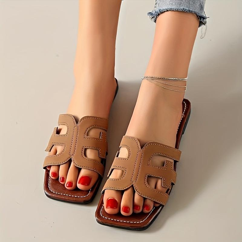 Women's Hollow Out Flat Slides, Retro Square Open Toe Summer Shoes, Casual Outdoor Beach Slides