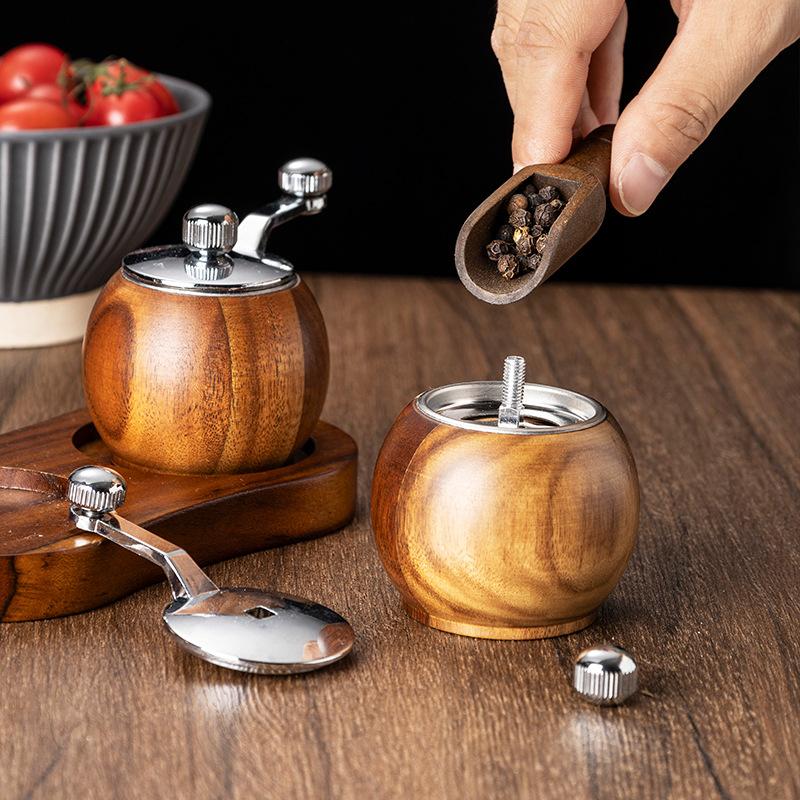 Hand Cranked Wooden Ball Grinder, Multi-Purpose Black Pepper Powder Salt Barbecue Spice Mini Grinder, Suitable For Kitchen Tools