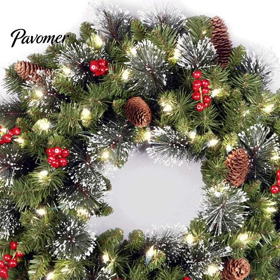 High-quality Christmas Wreath with Light Frosted Artificial Berries And Pine Long-lasting Holiday Decor Cones for Front Door Window Wall Indoor