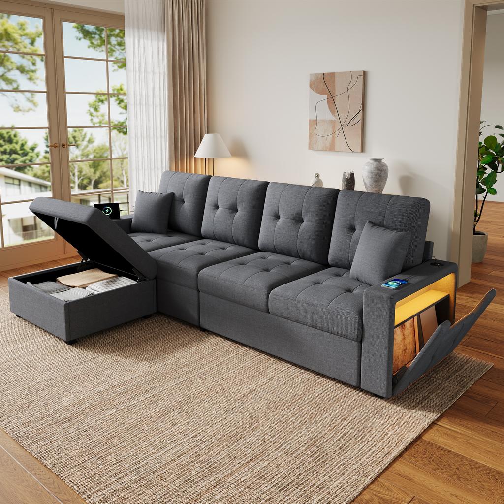 Modular L-Shaped Sofa with Freely Positionable Storage Ottoman, Double Armrest Storage, Charging Ports On Both Armrests and LED Mood Light