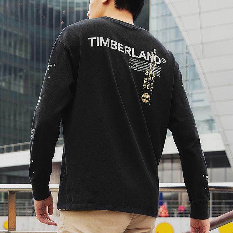 Timberland Camiseta de punto casual transpirable con estampado, cuello redondo, holgada, manga larga para hombre, tops, negro A2DUR-001