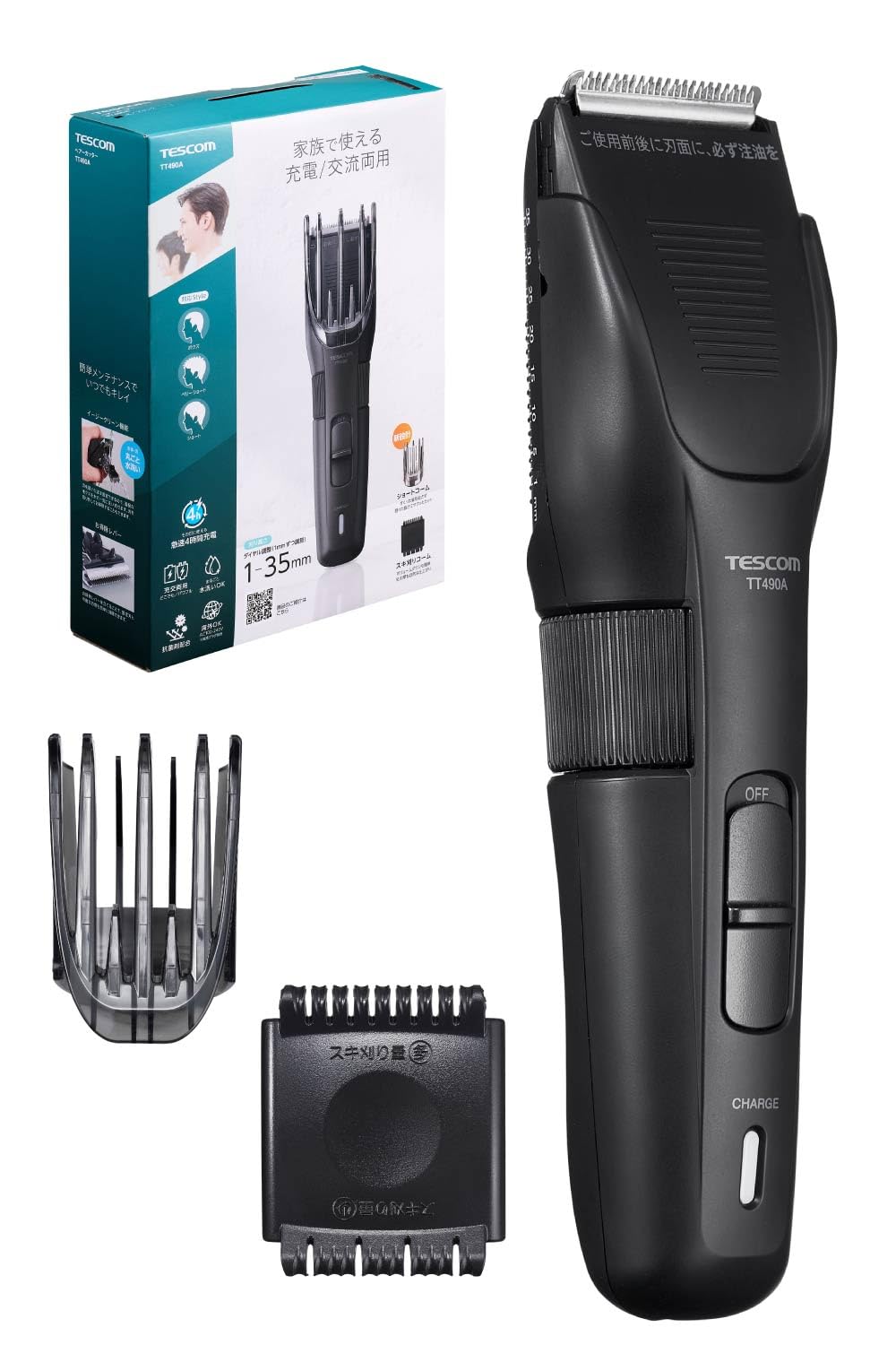 

Tescom Cordless Hair Clipper, TT490A-K/E, Adjustable Cutting Height from 1 to 35mm, Washable, International Compatible, Black
