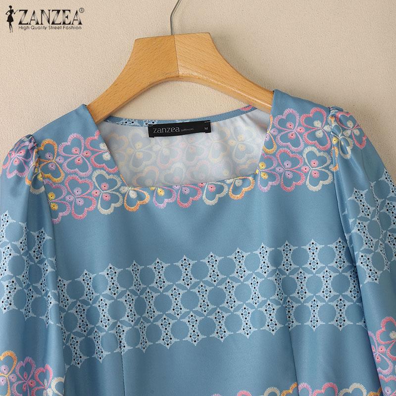 ZANZEA Women Casual Square Collar Summer 3/4 Sleeve Ethnic Print Blouse