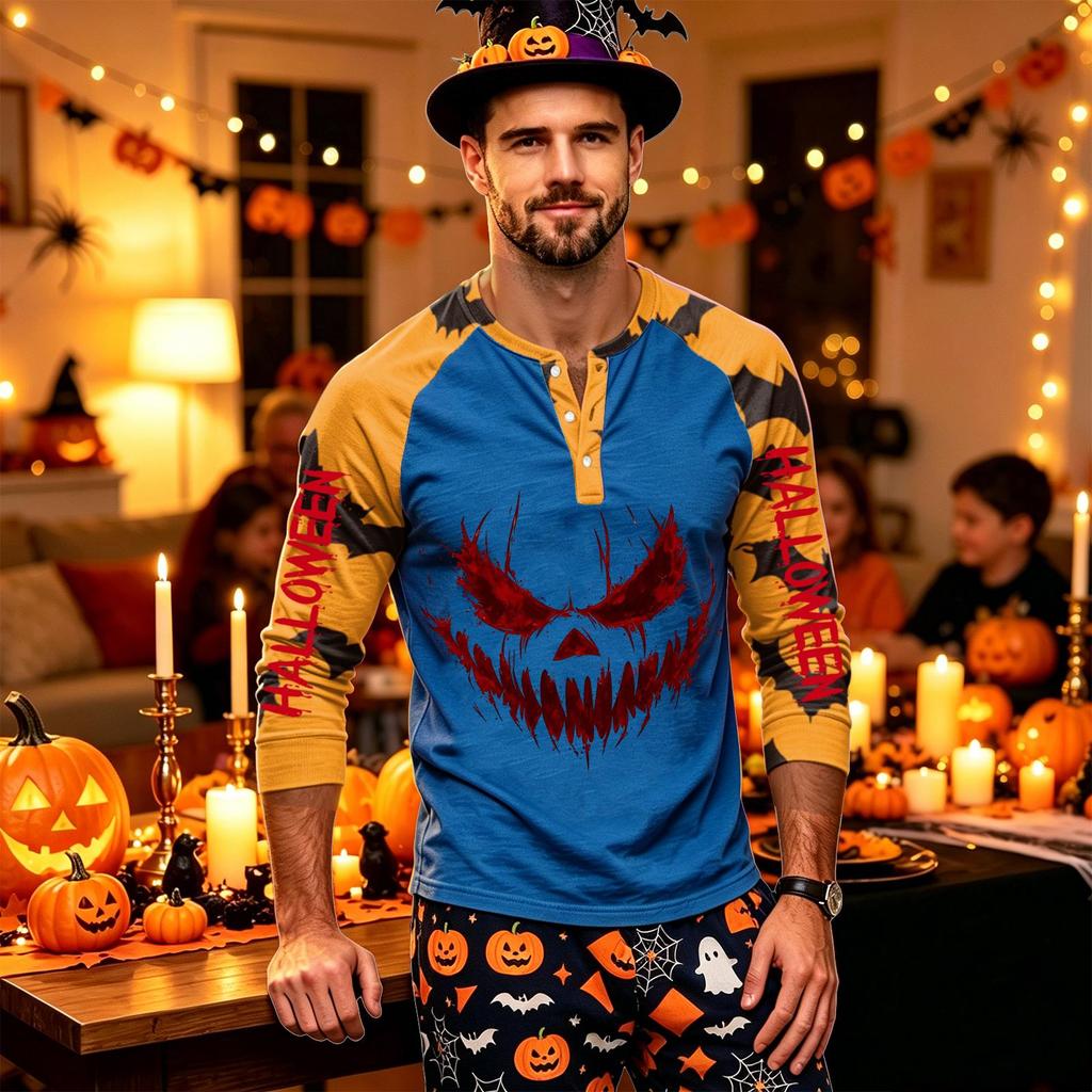 Men's Long Sleeve Shirt with Halloween Print for Holiday Parties and Casual Wear
