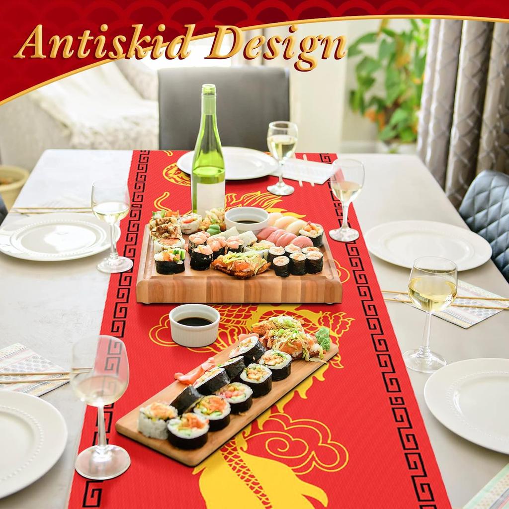 Chinese Dragon Printed Table Runner 11 Inch x 5.9 ft Asian Table Runner Chinese Party Decorations for Spring Festival Party Supplies Kitchen Dining