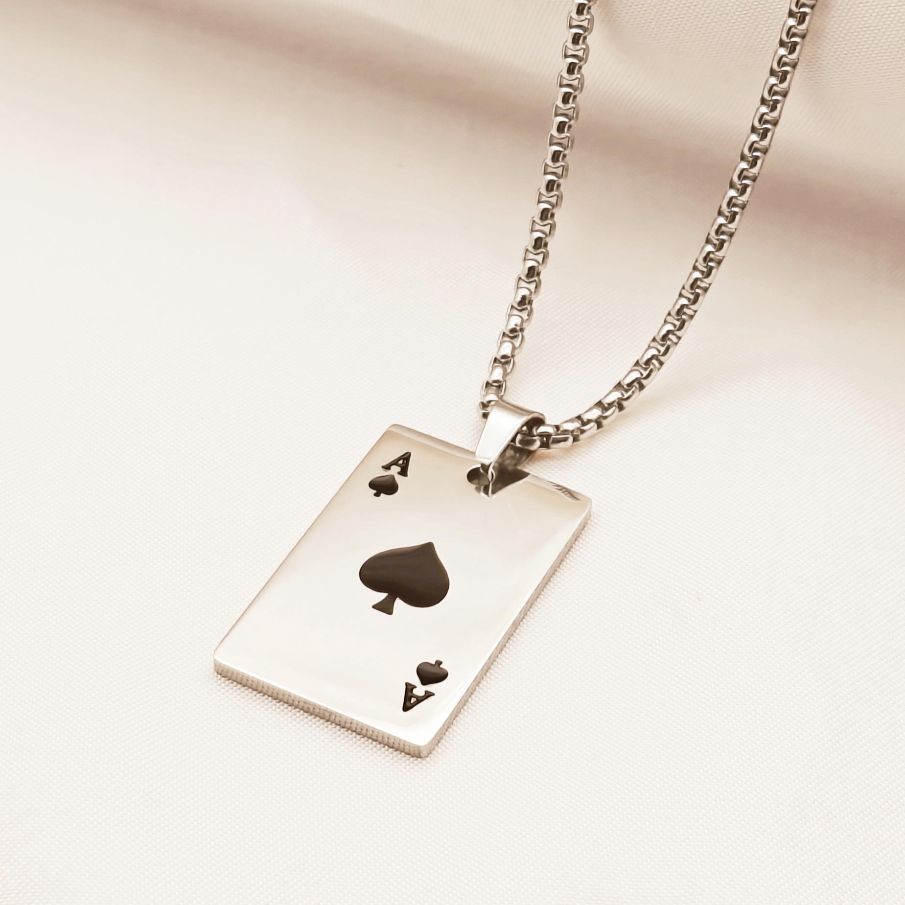 

TOHM All-Titanium Steel Playing Card Pendant Necklace with Red Heart and Spade Ace on a Stainless Steel Hip-Hop Style Sweater Chain.