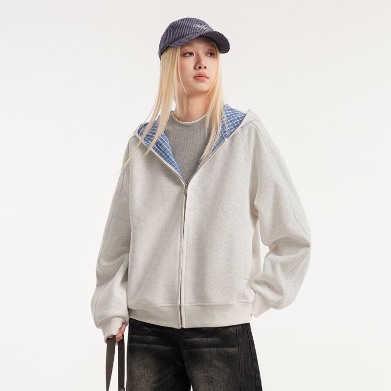 Unisex Oversized Hooded Zip-Up Sweatshirt In Retro Plaid Print Cotton Fall Casual Wear