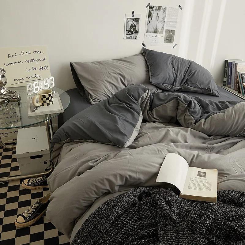 Fashion Solid Color Bed Sheet Style Duvet Cover Set Ab Double-Sided Color Matching Comfortable Sets Washed Cotton Bedding