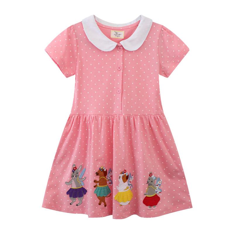 2025 Summer Cartoon Embroidered Lapel Cotton Dresses for Girls - European & American Style