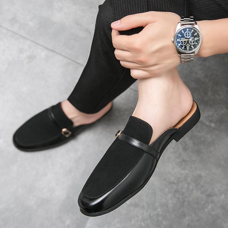 Fashion Fashion New Men's Charm Suede Leather Half Slippers Black Brown Shoes Male Casual Mules Moccasins Breathable Monk Straploafers