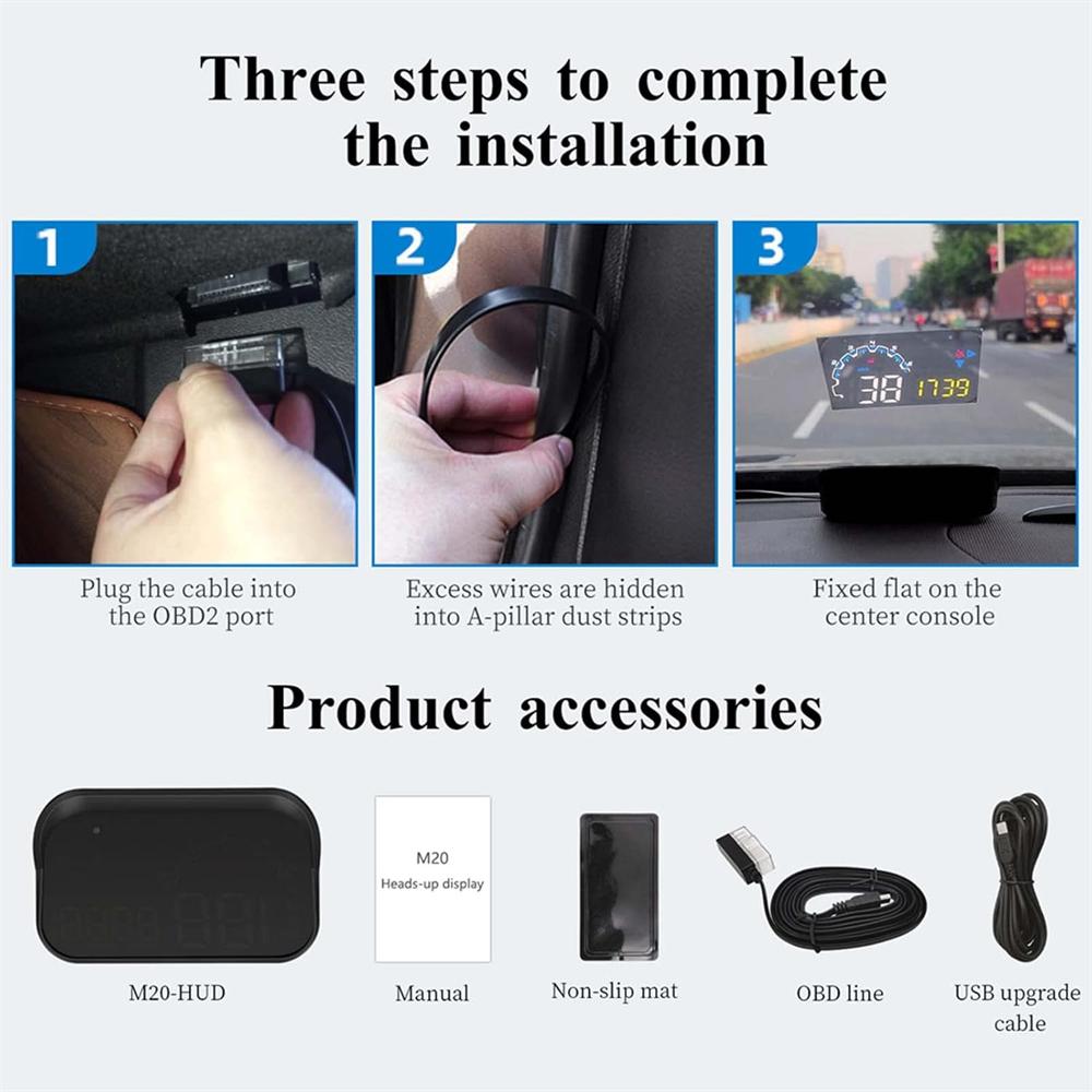 M20 Head Up Display Car Universal Dual System 3.5 Inches HUD, Speedometer OBD2 GPS Interface, Speed MPH, Engine RPM, Compass, OverSpeed Warning