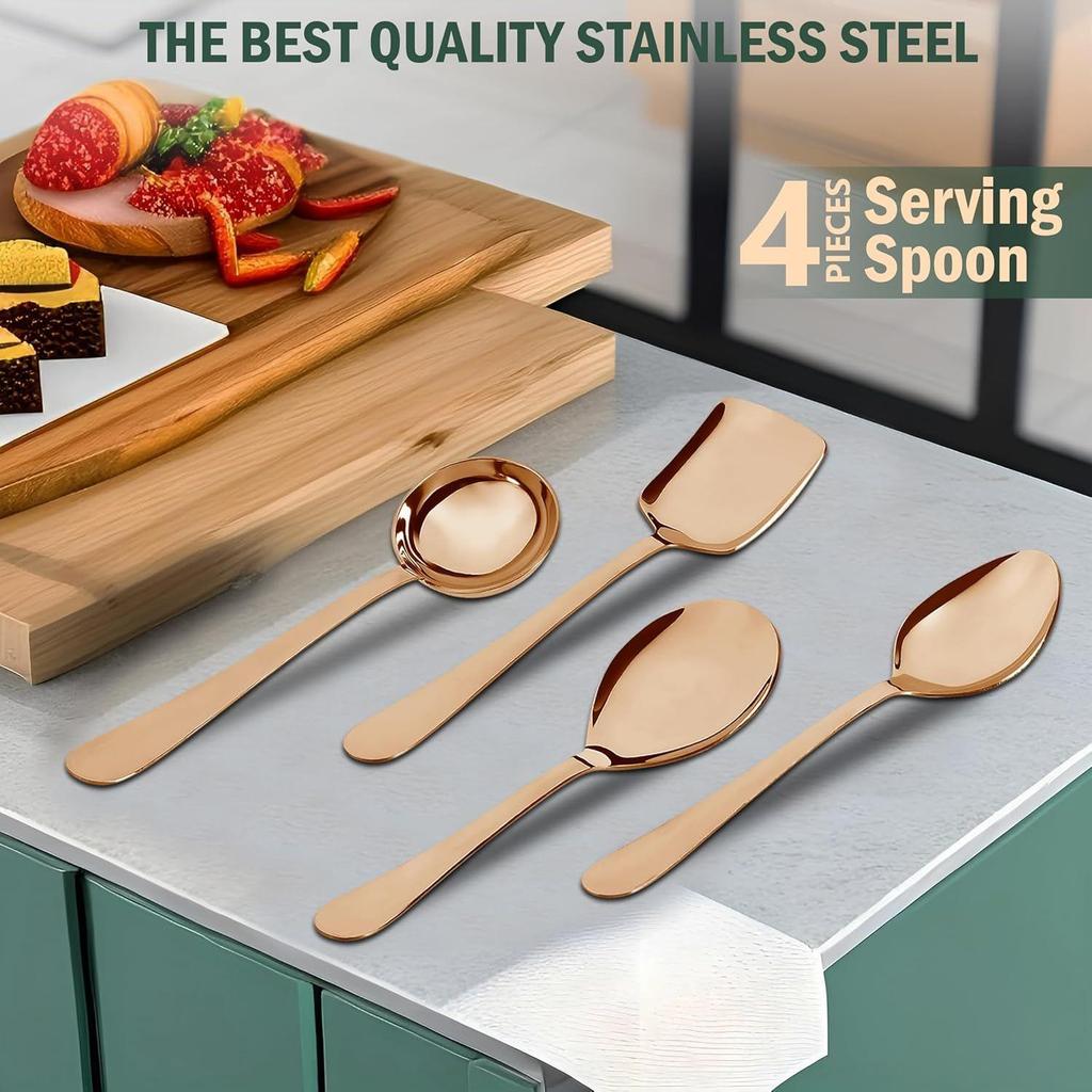 4 Pieces Stainless Steel Rose Gold Serving Spoons Set for Dining Table/Kitchen, 1.8 Mm Heavy Gauge