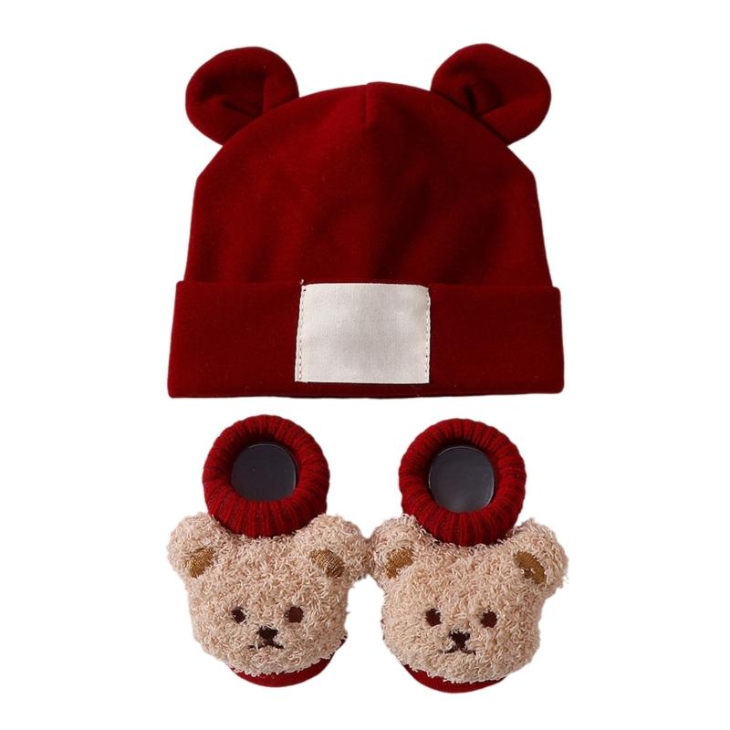 Atmungsaktive Babymütze mit Ohrenmuster und Socken Elastische Baumwoll-Polyester-Mischung Sanft zu empfindlicher Haut Sicherer Sitz für Säuglinge