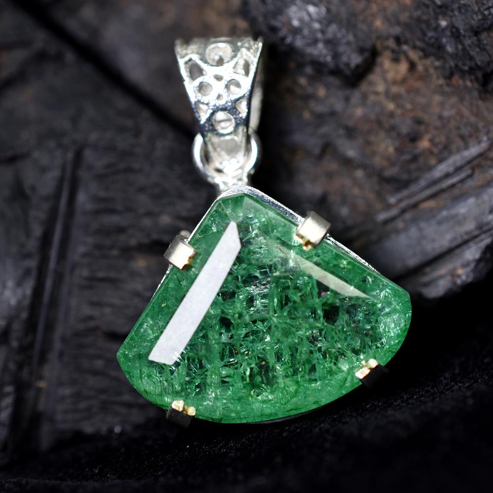 Natural Green Emerald 38.45 Ct CERTIFIED 925 Sterling Silver Fancy Cut Pendant MY.PD-166-NS
