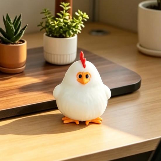 Novelty Gift for Kids 3D Printed White Rooster Figurine, Cute Round Chicken Desktop Ornament Animal Decor Office Desk Living Room Shelf, Statue