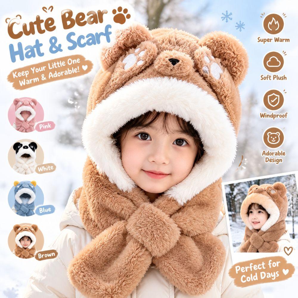 Thickened Children's Hooded Scarf Windproof Hat Scarf Cute Winter Kids Plush Hat Winter