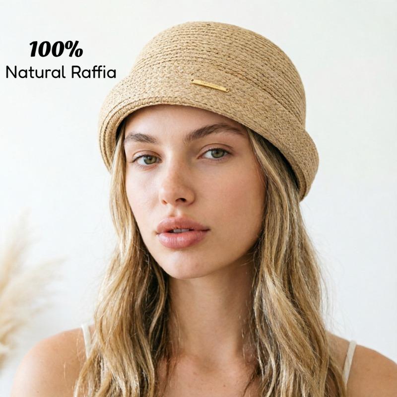 Garden Supplies My Women's Summer 100% Raffia Curled Edge Fedoras Hat Vintage Fascinator Berets Beanies Streetwear Dome Sun Cap Fashion Pillbox Hats 56-58Cm
