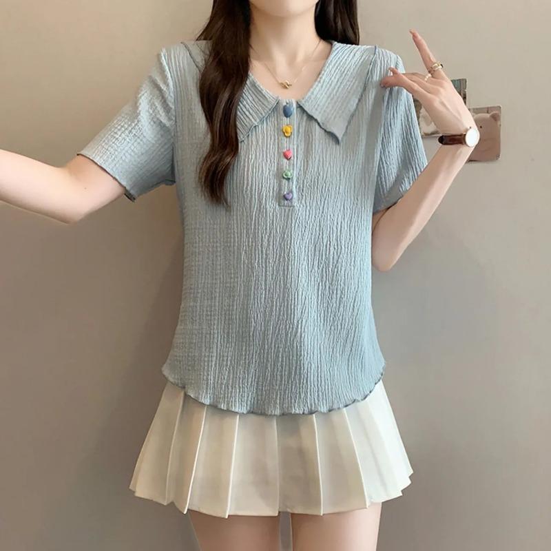 Plus Size Women s Summer Fashion Fashion Sweet Colorful Button Short-sleeved T-shirt Women L синий