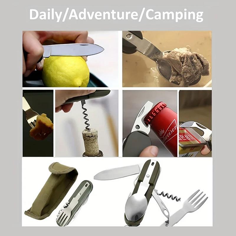 7-In-1Stainless Steel Multifunctional Tableware Set For Outdoor Activities Camping Cutlery Folding Knife Fork Spoon Outdoor Tool