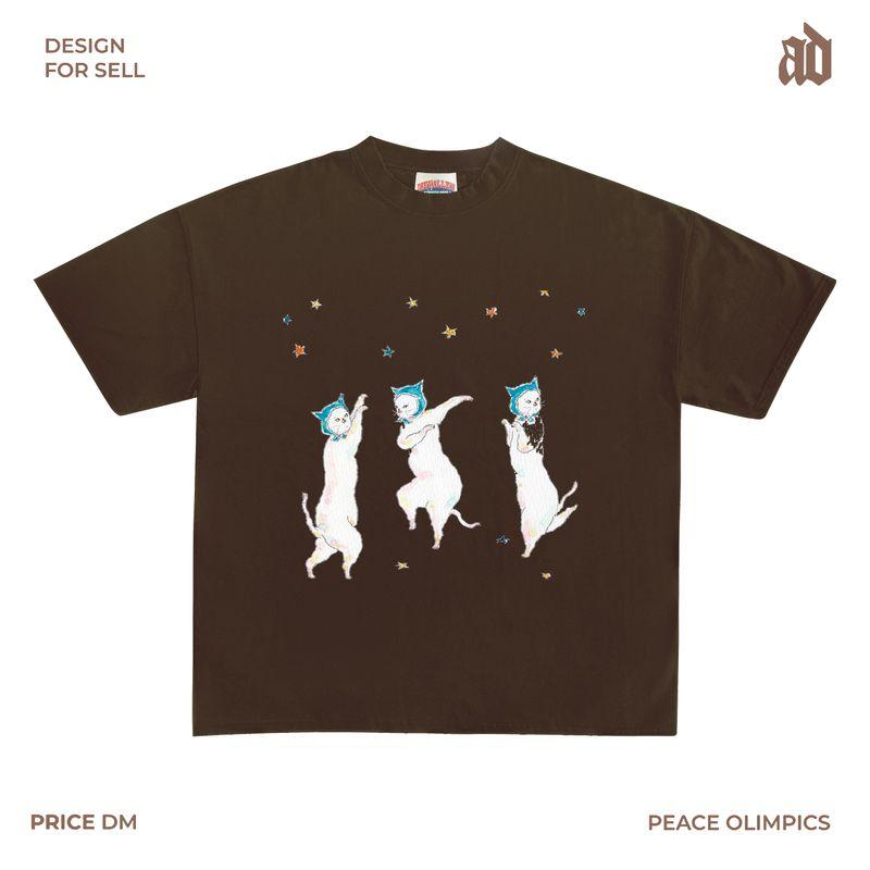 

230G Lightweight Shoulder Summer Cat Dancing Illustration round Neck Short Sleeve T-shirt Niche Style Unique Anime Mocha XL