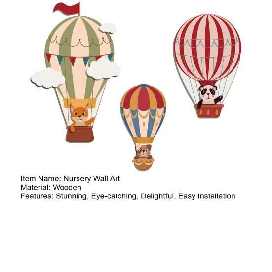 3 Pcs Hot Air Balloon Wall Decor Boho Wooden Nursery Wall Art Cartoon Animals Hot Air Balloon Wall Sculpture for Kids Bedroom Baby Shower Decoration