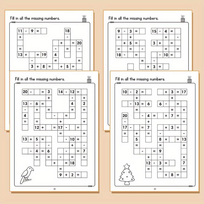 32-Page Math Addition and Subtraction Learning Book: Within 20 Grid Fill-in-the-Gap Game Mathematics Workbook for Daily Practice