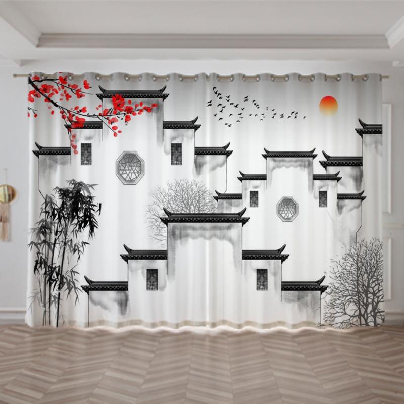 2pcs Chinese Mountain Lnk Painting Print Curtain Grommet Top Polyester Material For Living Room Bedroom Kitchen Free Shipping