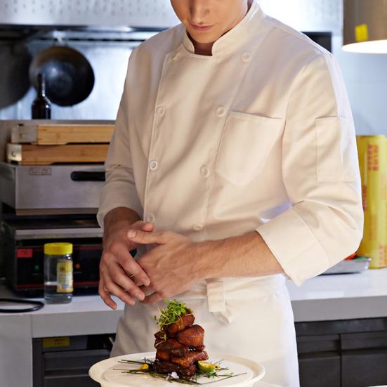 Chef Uniform Stand Collar Double-Breasted Button Design Roll-Up Cuffs Chest Pocket Solid Color Chef Shirt Professional Kitchen Workwear