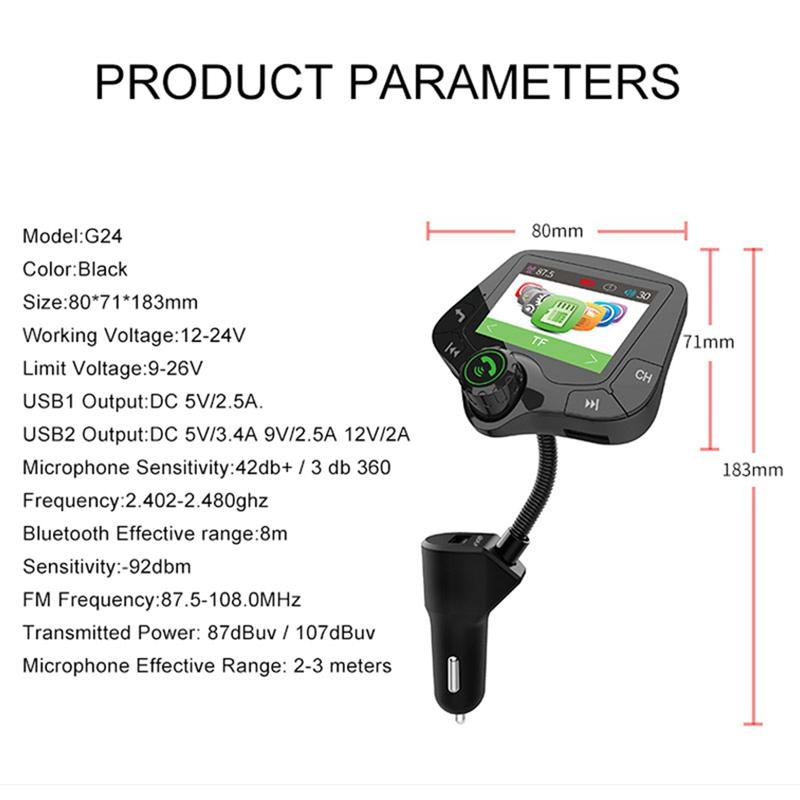 G24 Bluetooth 5.0 Car Kit Handsfree FM Transmitter QC3.0 Car Charger 2.0 Inch LCD Display AUX Audio Receiver MP3 Player