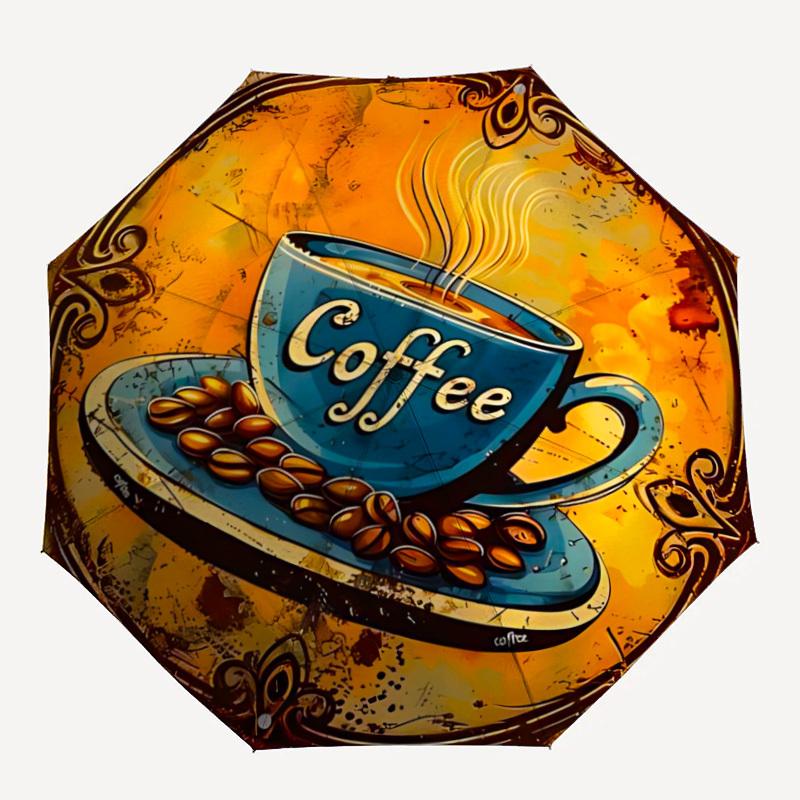 1pc Coffee Cup Print Automatic Open/Close Folding Umbrella - Compact 8-Rib Design, Daily Use, Perfect Gift for Friends & Family yy251124191