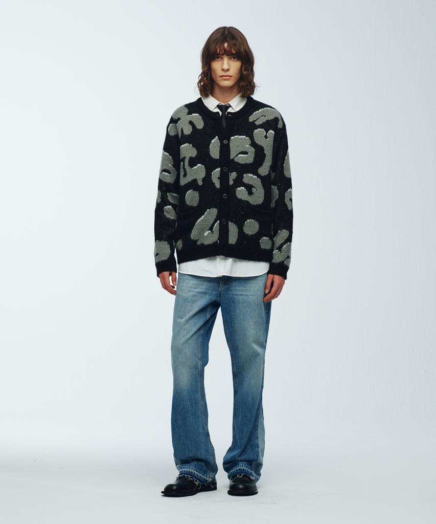 Knitted Bulky Brush Pattern Cardigan Black