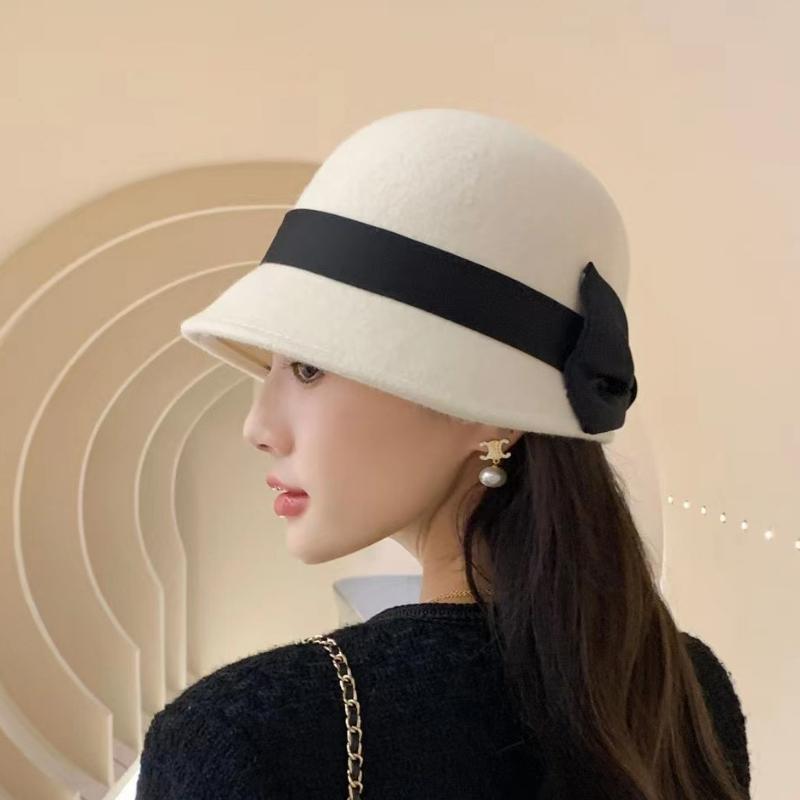 Hepburn style silk bow basin hat for women Autumn-winter Australian wool felt hat delicate and elegant fisherman hat